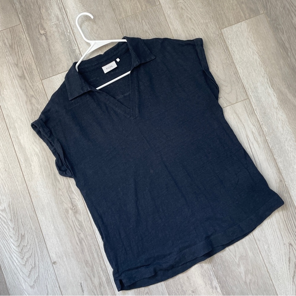 Foil Linen Shirt popover womens Navy Blue (large) preppy casual contemporary